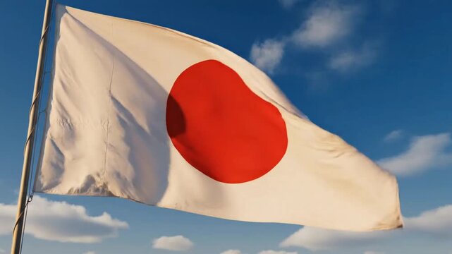 Japanese Flag Waving Slowly in the Wind Against Blue Sky