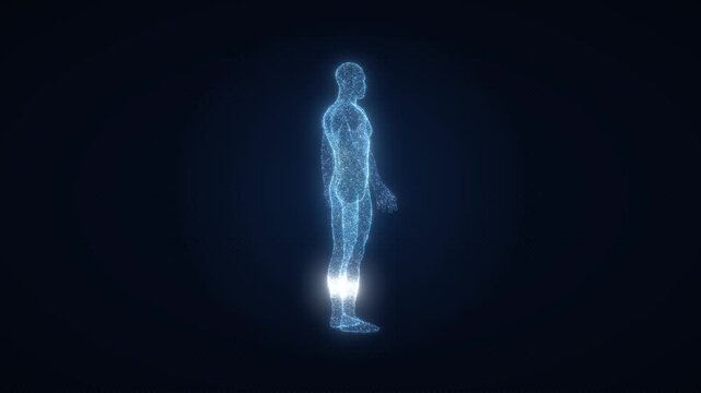 Blue human body hologram spinning with light scan passing over particles, 3D point cloud figure, medical body scan and digital twin concept