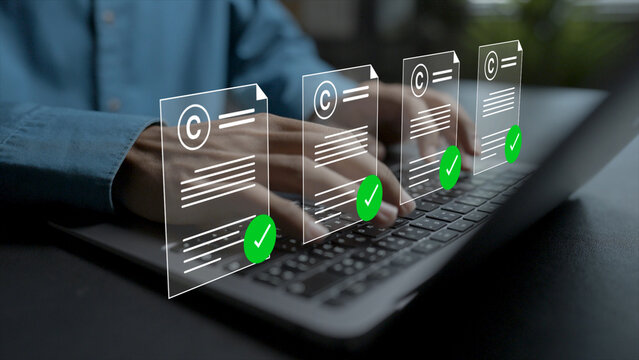 Digital copyright documents concept. Person using laptop with copyright badge, legal file folder and checklist, protection intellectual property rights and data safety.