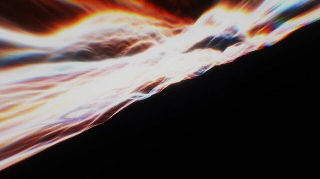 Blazing orange and spectral white plasma beam streaks horizontally across a pitch black void in a dynamic 3D motion graphic