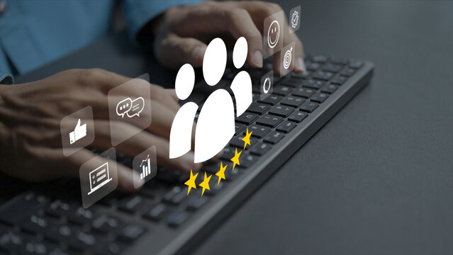 Customer satisfaction feedback concept. Person typing keyboard with star rating, review speech bubble and happy face icons, client experience evaluation and service quality.