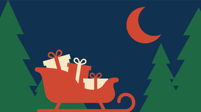 A delightful christmas scene featuring santa's sleigh filled with presents a crescent moon and evergreen trees perfect for holiday themed designs and celebrations