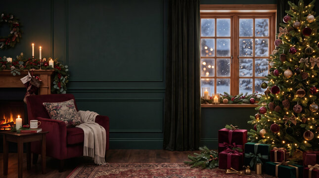 Christmas living room interior with decorated tree, fireplace, armchair and glowing lights for holiday season background