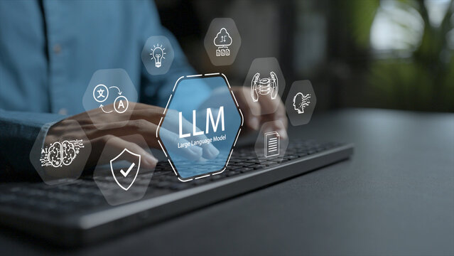 LLM AI Large Language Model concept. Person using laptop with artificial intelligence neural network, code processing icons, smart NLP technology.