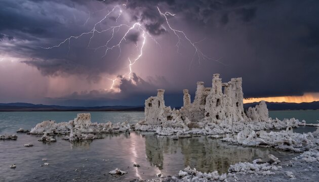 Lightning Strike Behind Tufa Rock Towers Above a Desert Lake