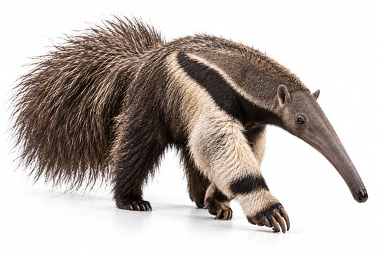 Full-body profile of a giant anteater with an elongated snout, distinctive black and white markings and a large bushy tail, isolated on a white studio background