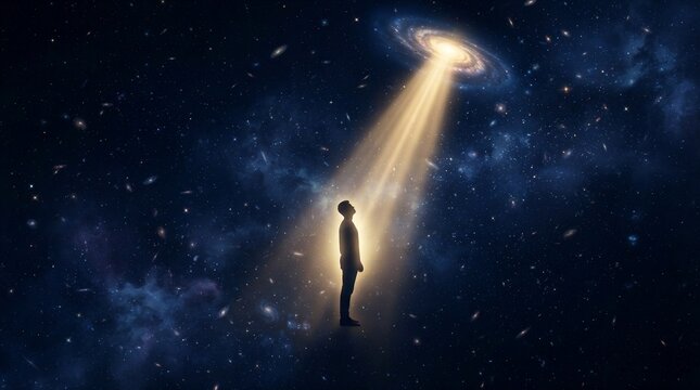 Golden Cosmic Light, A mysterious human silhouette surrounded by an immense dark universe