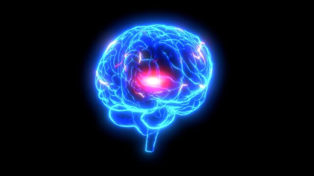 3D human brain lit up with neural sparks firing, glowing blue brain structure, brain connectivity, mental focus and AI deep neural learning concept