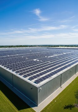 Wide aerial view of a modern industrial warehouse roof covered in solar panels for sustainable power generation and green energy efficiency, energy, clean, solar panels