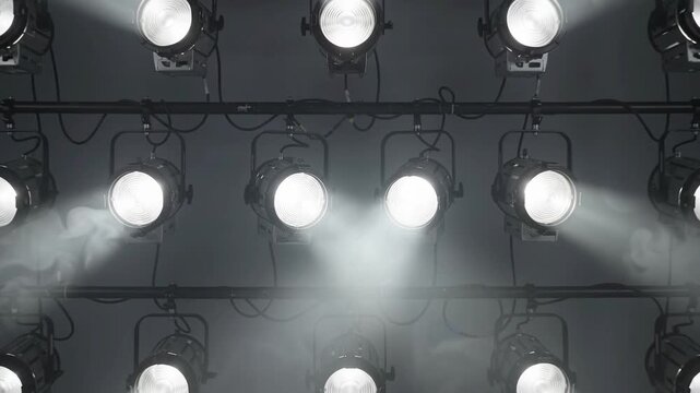 Rows of Powerful Professional Stage Spotlights Beaming Bright Light Through Haze in a Dark Theater Studio Production Environment