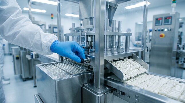 premium pharmaceutical manufacturing photo, macro close-up of gloved technician hands monitoring an automated capsule filling machine dispensing generic unbranded capsules