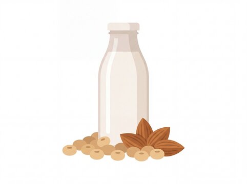 Plant based milk bottle with soybeans and almonds illustration