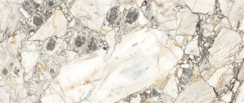 Calacatta breccia texture background with white marble fragments and dark gray stone pebbles for luxury interior design projects