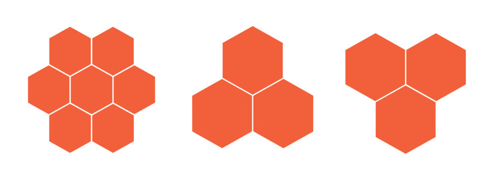 Three clusters of flat orange hexagons arranged in different geometric patterns on a plain white background