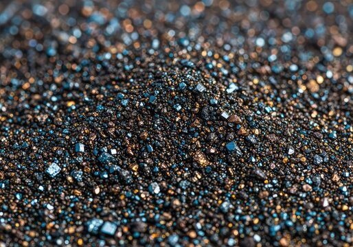 A detailed macro shot captures the glistening textures of dark volcanic sand grains, highlighting tiny crystalline shapes and deep shadows, abstract, close-up, micro
