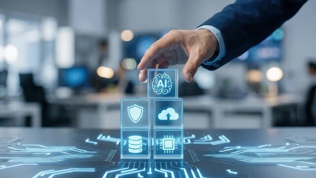 Businessman hand placing artificial intelligence cube on top of cloud data security blocks in office setting