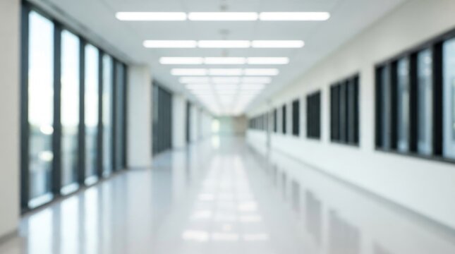 A blurred perspective of a long modern office corridor with bright overhead fluorescent lighting and glass windows world diabetes day