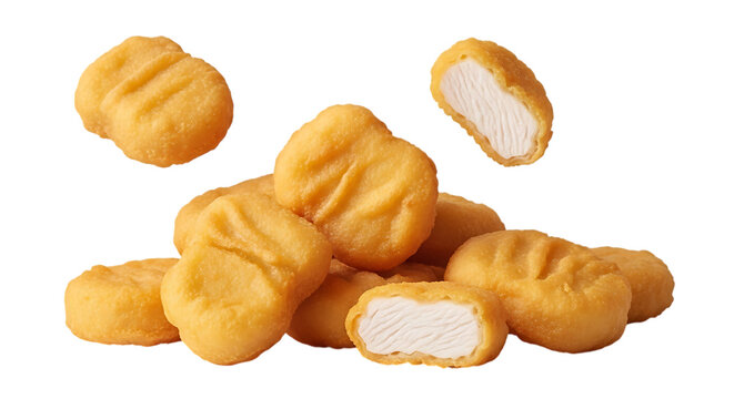 Crispy golden brown chicken nuggets piled together with some floating in the air, showing the breaded texture and white meat inside isolated on a transparent background