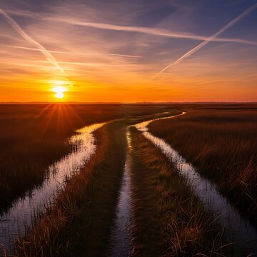 Vibrant orange sunset over vast marshlands with winding water channels visible