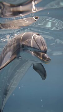 Close-up Underwater Portrait of a Friendly Bottlenose Dolphin Swimming Near the Surface