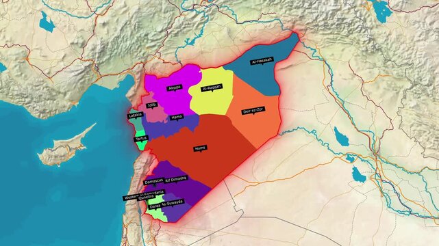 3D Animated Map of Syria Highlighting Governorates, Flag Overlay, and Middle East Borders