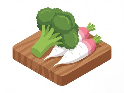 Isometric broccoli and radish on wooden cutting board