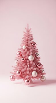 A minimalist pink Christmas tree decorated with round ornaments stands on a light pastel surface, creating a modern holiday aesthetic, calm, studio, small