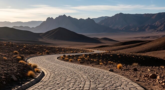 Winding cobblestone road through arid desert mountains at golden hour sunset
