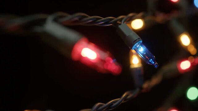 Glowing colorful Christmas fairy lights hanging on green wires against a dark black background for holiday decoration