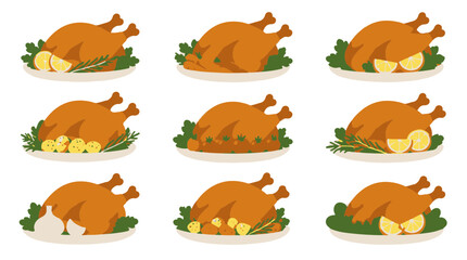 Obraz premium Set of Nine Flat Vector Illustrations of Roasted Whole Chickens with Garnishes