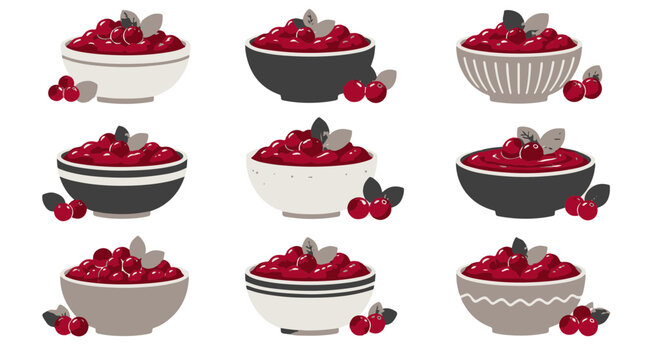 Set of Nine Bowls Filled with Fresh Cranberries and Leaves Flat Vector Icons