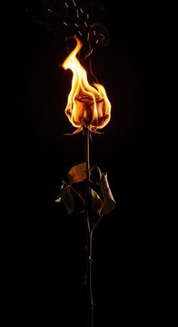 A solitary withered rose with a long thorny stem is consumed by bright orange flames, casting a glow against a deep black background void, intense, passion, fire