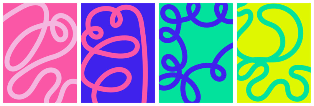 Colorful wavy line poster background set. Abstract psychedelic groovy patterns in pink, purple, green and yellow. Bold geometric curves for sale, banner, wallpaper, flyer, social media design