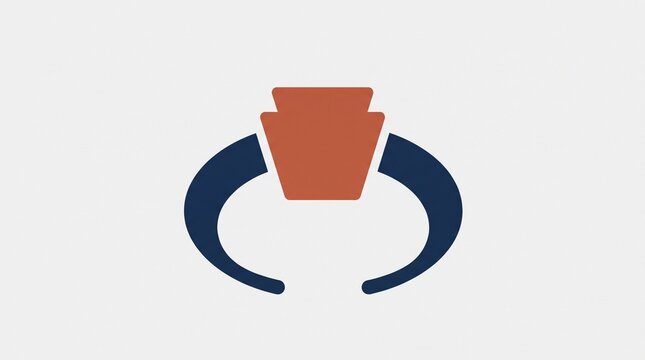 Minimalist ring icon with keystone symbol, flat vector illustration of jewelry concept, navy blue and terracotta orange colors on light gray background