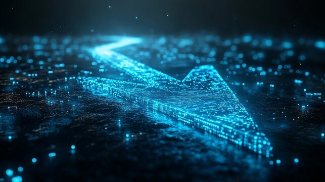 Abstract glowing arrow made of points of light on a black background, a concept of future, success and innovation.