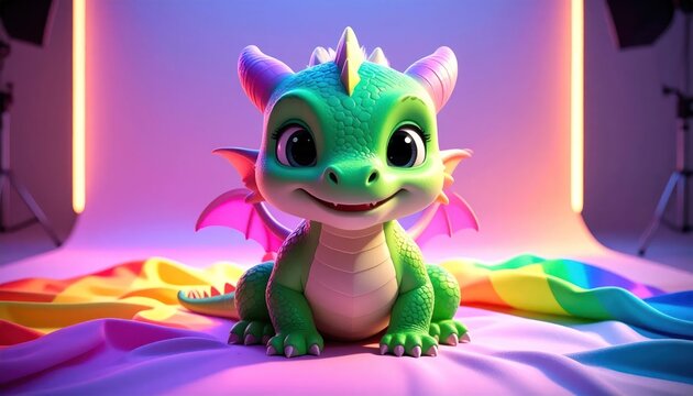 Cute green baby dragon on rainbow fabric in photo studio