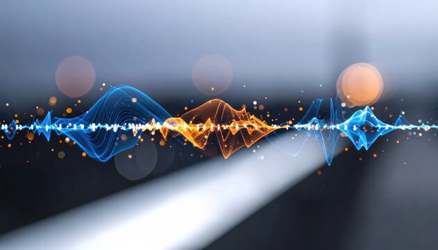 Dynamic blue and orange digital audio waveform on dark background