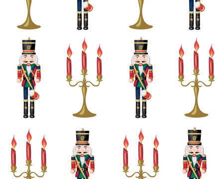  Christmas candlestick, nutcracker seamless pattern. Winter holiday wallpaper.	