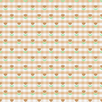 Cute Brown Tulip Gingham Seamless Pattern with Beige Checkered Background
