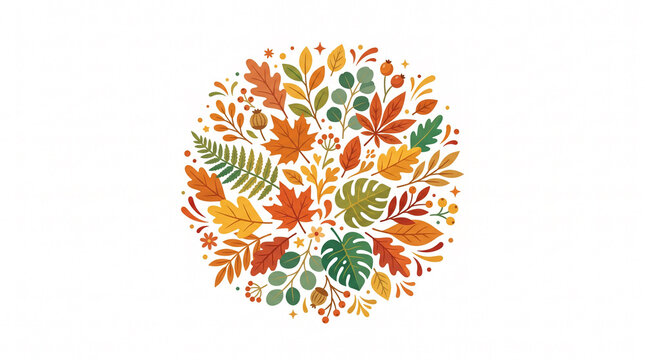Autumn leaves arrangement in a circle on white background, seasonal decor