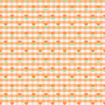 Cute Orange Tulip Gingham Seamless Pattern with Pastel Checkered Background