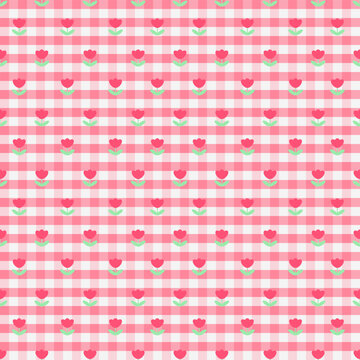 Cute Coral Pink Tulip Gingham Seamless Pattern with Checkered Background
