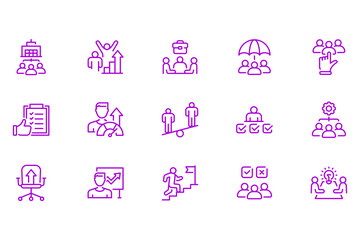 Obraz premium Set of fifteen flat line business icons representing team management growth and professional development strategies on white background for corporate presentations.