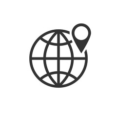 Obraz premium Globe with location graphic icon. Planet Earth with pointer location. Location navigation isolated symbol on white background. Vector illustration 