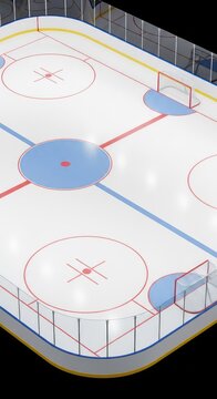 Detailed isometric view of a professional ice hockey rink featuring red and blue markings, goals with nets, and a smooth frozen ice surface, exercise, faceoff, perspective