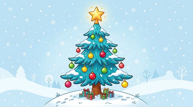 Cartoon christmas tree with ornaments and gifts isolated on white background