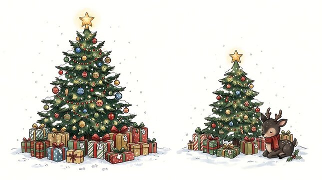 Christmas trees with gifts and a cute reindeer isolated on white background