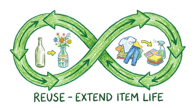 Recycling loop diagram showing creative reuse of glass bottles and old clothing items on transparent background