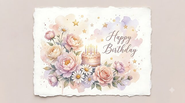 Watercolor happy birthday card with floral design, cake, and stars