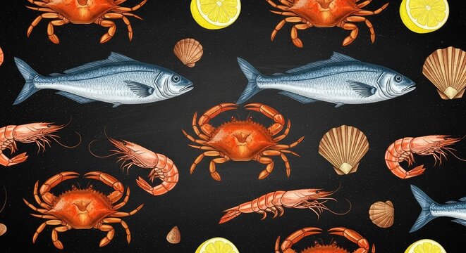 Elegant hand-drawn seafood pattern on a dark chalkboard texture featuring crabs, fish, shrimp, and lemon slices in a repeating layout, restaurant, monochrome, hand-drawn